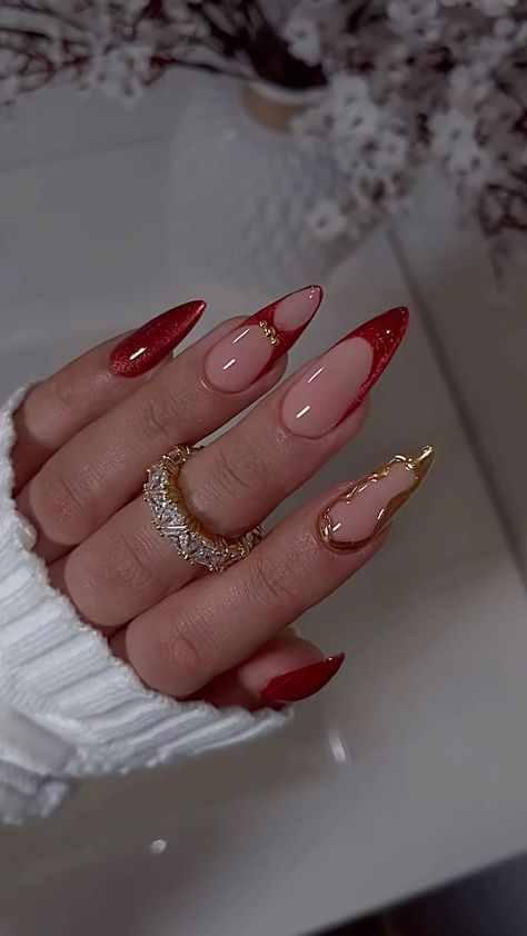 Red Ethereal Nails, Red And Gold Nails Simple, Crazy Red Nails, Red Design Nails Acrylic, Spanish Nails Designs, Red Festive Nails, Almond Nails Orange, Red And Gold Nails, Almond Nails Designs