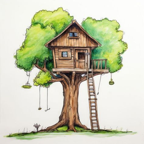 House Tree Drawing, How To Draw A Treehouse, Tree Drawing Colored Pencil, Forest House Drawing, Tree House Designs For Kids, Tree House Sketch, Treehouse Painting, Treehouse Drawing, Tree House Illustration