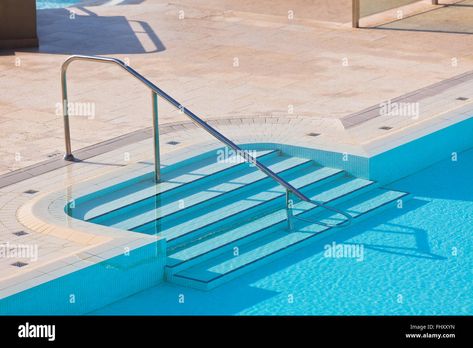 Pool Handrail, Swimming Pool Steps, Swimming Pool Ladders, Pool At Night, Metal Handrails, Stainless Steel Handrail, Pool Ladder, Steel Handrail, Pool Steps