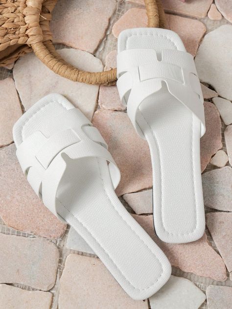 Women Snakeskin Embossed Flat Sandals, Elegant Slide Sandals For OutdoorI discovered amazing products on SHEIN.com, come check them out! White Slides Sandals, Feather Heels, Women Slides, Trending Sandals, Summer Slippers, Fancy Shoes, Beach Flip Flops, Slides Shoes, Womens Sandals Flat