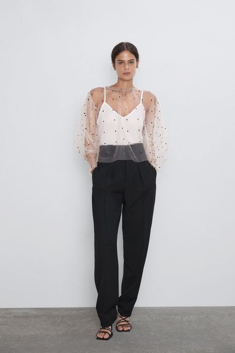 Zara Semi-Sheer Polka Dot Blouse Sheer Polka Dot Top, White Sheer Top, Outfit Plan, Pretty Top, Polka Dot Blouse, Tops Fall, Sheer Sleeves, Sheer Blouse, Dot Tops