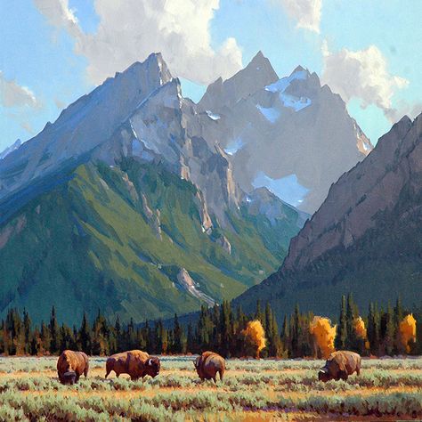 Cottage Illustration, Buffalo Painting, Western Artwork, Southwest Art, Limited Edition Giclee, Mountain Paintings, Landscape Illustration, Western Art, Cool Paintings