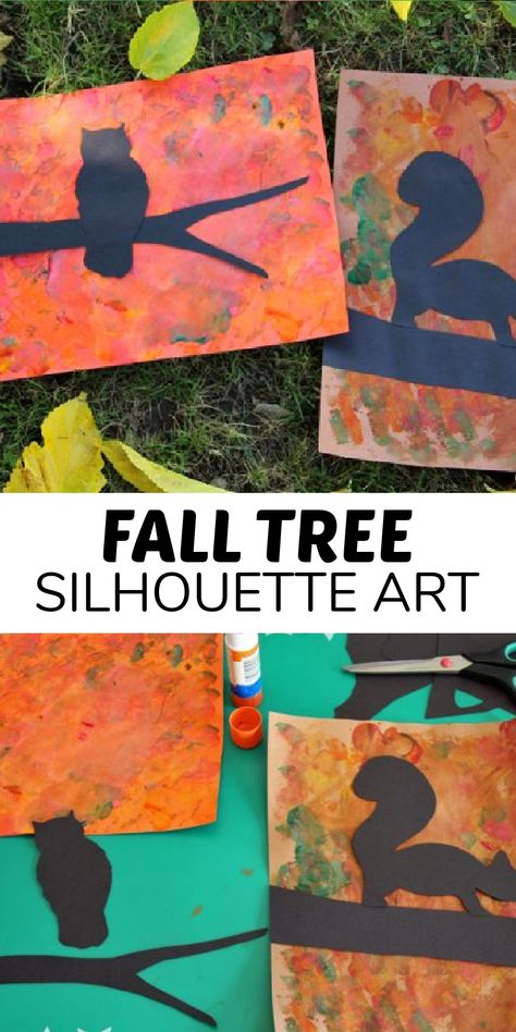 Make this beautiful fall tree silhouette art with the kids this autumn. Forest Theme Crafts Preschool, Autumn Silhouette Art, Tree Branch Silhouette, Fall Trees Preschool, Animals That Live In Trees Preschool Art, Fall Art On Canvas, Fall Tree Art Preschool, Silohette Artwork Easy, Fall Tree Crafts For Kids