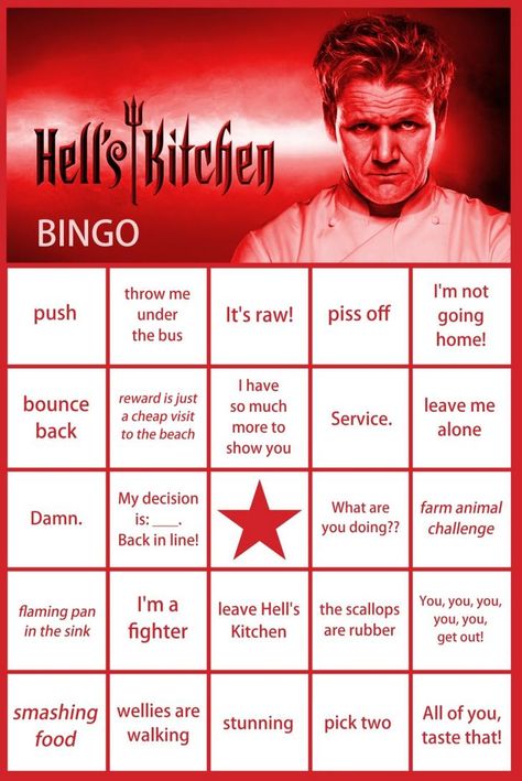 Hell's Kitchen bingo card Hells Kitchen Recipes, Hell Themed Party, Bingo Calls Funny, Bingo Sayings, Kitchen Memes, Gordon Ramsay Funny, Gorden Ramsey, Family Dinner Memes Funny, Easy Baked Ziti