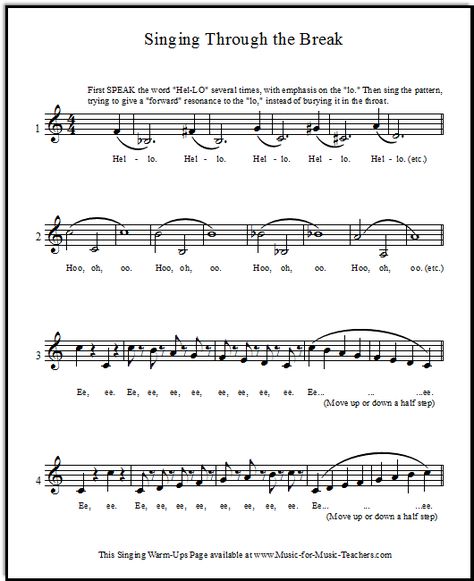 Vocal warm-up exercises for showing students how to sing through the break. These FREE singing warm-ups may be primarily an exercise in awareness at first! Vocal Warmups Singing, Singing Warm Ups, Vocal Exercises Singing, Choir Warm Ups, Teaching Choir, Singing Training, Vocal Warmups, Singing Quotes, Singing Techniques