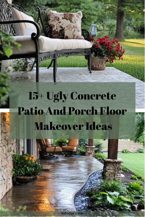 Transform your Ugly Concrete Patio and Porch Floor with these creative makeover ideas! Say goodbye to that boring and plain space and hello to a beautiful outdoor oasis. Discover easy DIY projects, budget-friendly tips, and stylish design inspiration to elevate the look of your patio or porch. Whether you want to add color, texture, or a completely new style, we've got you covered. Get ready to enjoy outdoor living in a space that's both functional and fabulous! Patio Decking Ideas On A Budget, Cracked Cement Patio Makeover, Concrete Patio Update, Concrete Verandah Ideas, Patio Paint Ideas Concrete, Diy Paint Concrete Patio, Outdoor Concrete Patio Paint Ideas, Screened In Porch Concrete Floor, Painted Concrete Floors Outdoor Patio