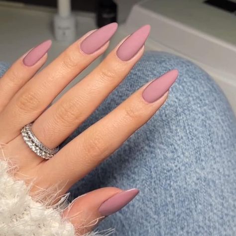 Matte nails are a big hit in fall, and pink is no exception to this trend. Matte pink nails give a velvety, smooth finish that feels chic and modern. Whether you go for a soft baby pink or a darker mauve, the matte finish can transform your nails into a fashion statement. A great way to enhance matte pink nails is by adding contrasting glossy designs like stripes, dots, or geometric shapes. This combination creates a unique texture and visual appeal that’s perfect for the season. Mat Almond Nails, Fall Nails Matte Almond, White Matte Acrylic Nails Almond, Matte Dusty Rose Nails, Dark Mauve Nails Acrylic, Matt Pink Acrylic Nails, Mauve Almond Nails Design, Simple Accent Nails, Dark Matte Nail Ideas