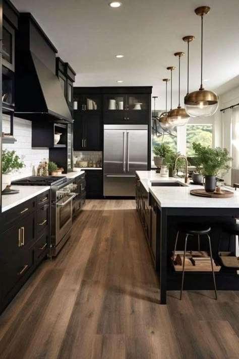 Modern Kitchen Design Luxury Black And Gold, Black Cabinets With Dark Floors, Dark Modern Farmhouse Interior, New Home Building Ideas Interiors, Kitchen Black Cabinets White Counter, Mid Century Modern Black Kitchen, Dark Wood Floors In Kitchen, Dark Cabinets With Light Floors, Black Cabinets White Countertops