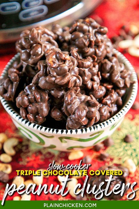 Slow Cooker Triple Chocolate Covered Peanut Clusters recipe - SO easy to make in the crockpot! Chocolate chips, German chocolate, chocolate almond bark, peanuts, and cashews. Ready in 2 hours. Can use any combination of chocolate and nuts that you prefer. Perfect for parties and homemade gifts. Can make and freeze for up to 1 month. Everybody raves about these! #slowcooker #crockpot #chocolate #nuts #candy Chocolate Covered Peanut Clusters, Peanut Clusters In Crockpot, Chocolate Nuts Clusters, Clusters Recipe, Chocolate Peanut Clusters, Chocolate Covered Nuts, Chocolate Clusters, Crockpot Candy, Peanut Clusters