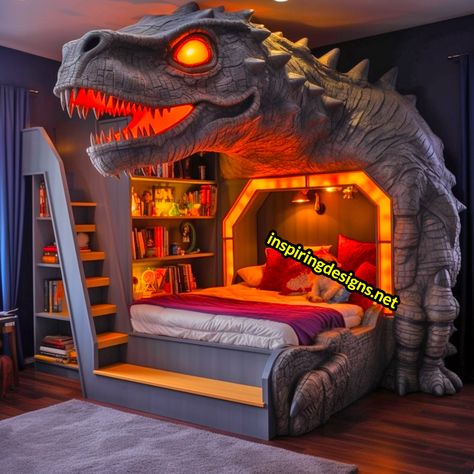 These Giant Dinosaur Shaped Bunk Beds Turn Sleepovers into Dino Adventures Dinosaur Bed, Bunk Bed Safety, Kids Bed Design, Dinosaur Bedding, Giant Dinosaur, Dinosaur Bedroom, Coordinates Decor, Dinosaur Room, Bunk Bed Designs