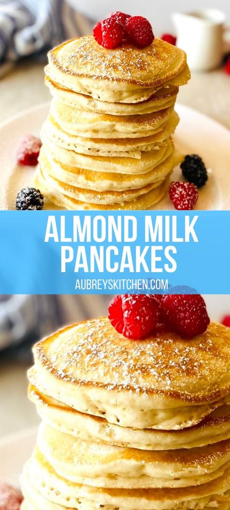 These almond milk pancakes are super soft, fluffy dairy-free and vegan! Get your morning started off right with the perfect delicious and healthy breakfast. Pancake Recipe Almond Milk, Milkless Pancakes, Lactose Free Pancakes, Recipe With Almond Milk, Almond Milk Pancakes, Vegan Pancake Recipe, Oatmeal With Almond Milk, Milk Pancakes, Vegan Pancake