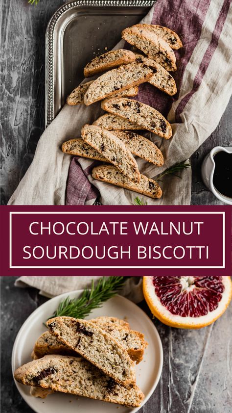 These chocolate walnut sourdough biscotti are flavored with orange zest and rosemary and are the perfect way to use up sourdough discard. Sourdough Discard Biscotti Recipes, Discard Biscotti, Sourdough Discard Biscotti, Sourdough Biscotti Recipe, Sourdough Biscotti, Sour Dough Bread Starter Recipe, Sour Snacks, Honey Sourdough, Sourdough Cookies