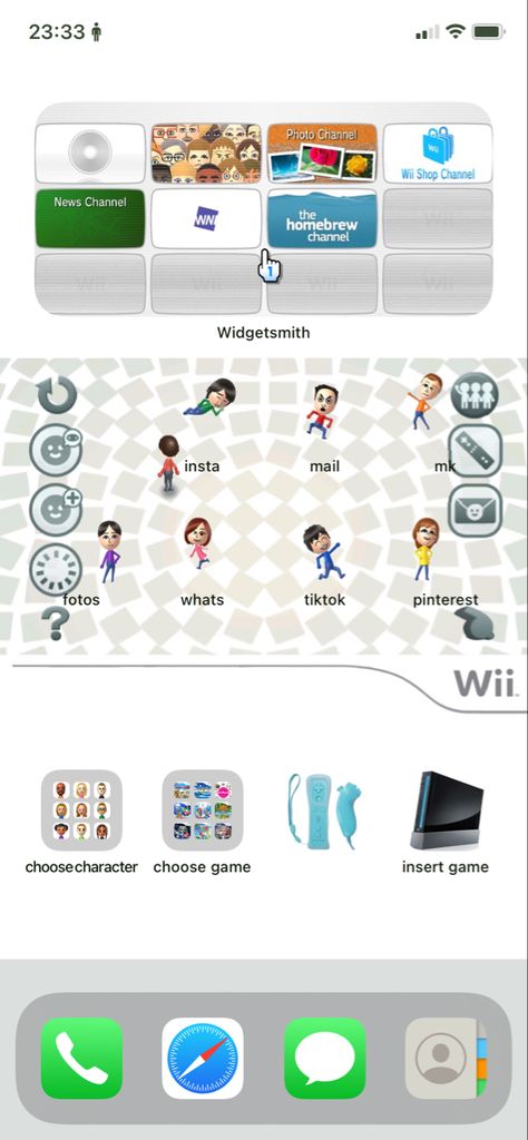 Nintendo Homescreen Layout, Tomodachi Life Wallpaper, Wii Themed Phone, Wii Phone Theme, Wii Home Screen, Ios Ideas, Phone Decor, Frutiger Aero, Iphone Home Screen Layout