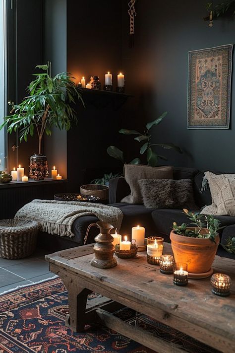 29 Dark Boho Living Room Ideas 29 Dark Earthy Living Room, Dark Cozy Living Room, Witchy Living Room, Goth Living Room, Room Aesthetic Dark, Dark Maximalism, Room Ideas Dark, Dark Living Room Ideas, Dark Boho Living Room