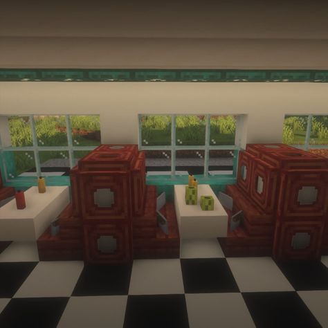 Add this 60s diner into oyur world to add a little spice and nostaglia!
#minecraft #minecraftdesign #minecraftrestaurant Restaurant Interior Minecraft, Minecraft 80s House, Diner Minecraft, Minecraft Diner, 60s Diner, Minecraft Restaurant, Minecraft Stores, Interior Minecraft, Minecraft Idea