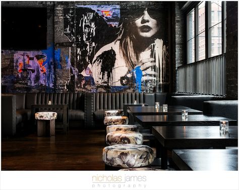 Rockit Bar & Grill: River North Redesign by Kara Mann Interior Murals, Nightclub Design, Bar Interior Design, Contemporary Bar, Black Shades, Bar Interior, Bar Design Restaurant, Tableau Art, Home Bar Decor