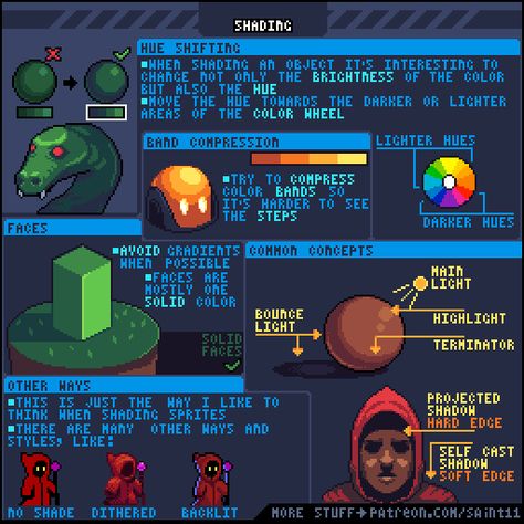 Pedro Medeirosf | Some simple tips on how to work with shadows and how to avoid muddy/boring shadows Animated Pixel Art, How To Pixel Art, Piskel Art, Pixel Characters, Pixel Animation, Pixel Art Tutorial, Arte 8 Bits, 8bit Art, Cool Pixel Art