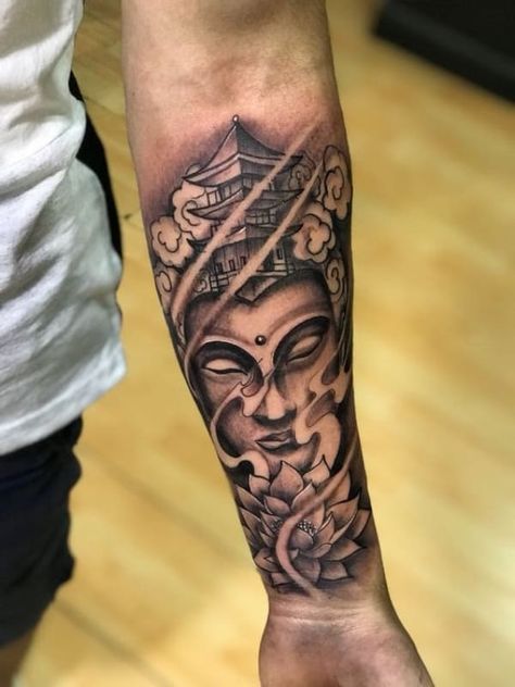 Forearm Tattoos For Guys – 115 Incredible Designs and Ideas Buddha Forearm Tattoo For Men, Laos Tattoo Ideas, Buddha Tattoo Men, Buddha Tattoo Designs Men Arm, Buddha Tattoo Design Men, Bhudha Tattoo Designs, Japanese Buddha Tattoo Design, Cool Forearm Tattoos Men, Buddha Hand Tattoo