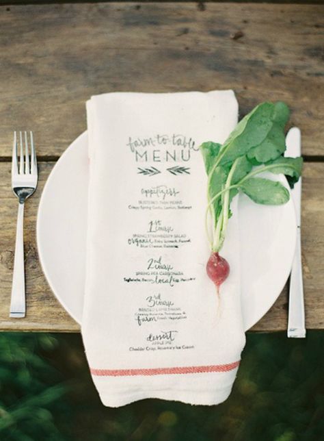 Farm to Table menu - love this with the radish to hold down the menu in case it's windy. Love the simplicity of the white plates and the rustic, weathered table, too. Wedding Table Menus, Menu Printing, Farm To Table, Radishes, Menu Cards, Place Setting, Wedding Menu, Menu Design, Beautiful Table