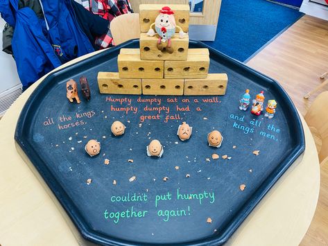 Nursery Rhymes Humpty Dumpty, Nursery Rhyme Week Eyfs, Rhyming Activities Eyfs, Filling And Emptying Activities Eyfs, Nursery Rhymes Tuff Tray Ideas, Nursery Rhyme Tuff Tray, Humpty Dumpty Activities Preschool, Humpty Dumpty Activities, Nursery Display Boards