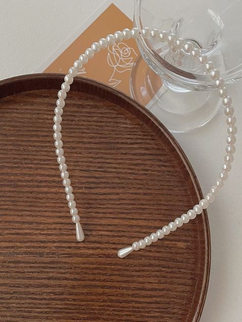 White Casual Collar  Plastic  Skinny Headband Embellished   Women Accessories Pearl Headband Aesthetic, White Pearl Headband, Beads Headband, Shein Accessories, Embellished Headbands, Headband Jewelry, Astrology Art, Cute Headbands, Beaded Headband