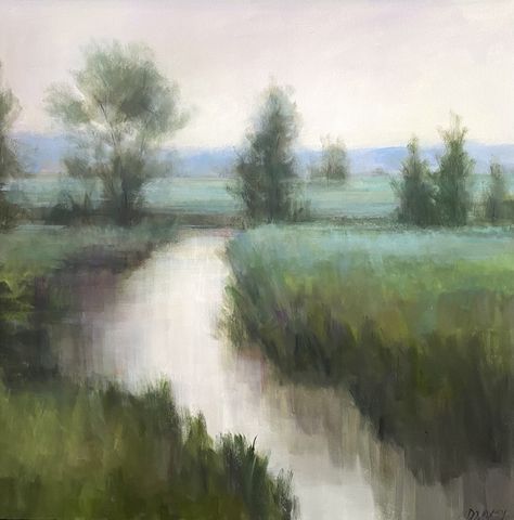 Chalk Art Landscape, Tonalism Paintings, Chalk Landscape, Christina Dowdy Art, Hills Acrylic Painting, Blue Green Landscape Painting, Green Pastures Painting, Oil Painting Grass Field, Evergreen Landscape