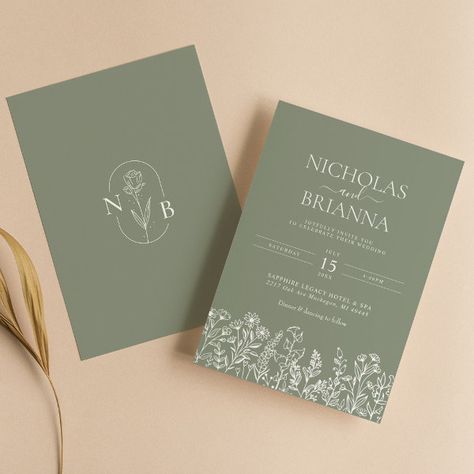 Sage Green Wildflower Boho Wedding Modern Monogram Invitation Wedding Minimalist Invitation, Boho Sage Green Wedding, Minimalist Wedding Invitation Modern, Boho Wedding Invitation Template, Wedding Minimalist, Monogram Invitation, Minimalist Invitation, Wildflower Wedding Invitations, Monogram Wedding Invitations