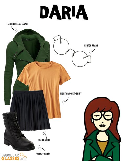 This Costume Idea is inspired by MTVs TV show Daria. This is a very easy costume to make! Daria Costume Halloween, Daria Morgendorffer Costume, Daria Halloween Costume, Daria Inspired Outfits, Daria Costume, Daria Cosplay, Classy Costumes, Tv Character Costumes, Modern Nostalgia