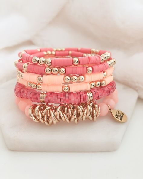 Miley Collection - Sherbet Bracelet | Kinsley Armelle® Official Beaded Stretch Bracelet Kinsley Armelle, Pink Heishi Bracelet, 2023 Bracelet Trends, Bracelet Storage Ideas, Pink Clay Bead Bracelet Ideas, Homemade Beaded Bracelets, Clay Beaded Bracelets, Stretch Beaded Bracelets Diy, Heishi Jewelry