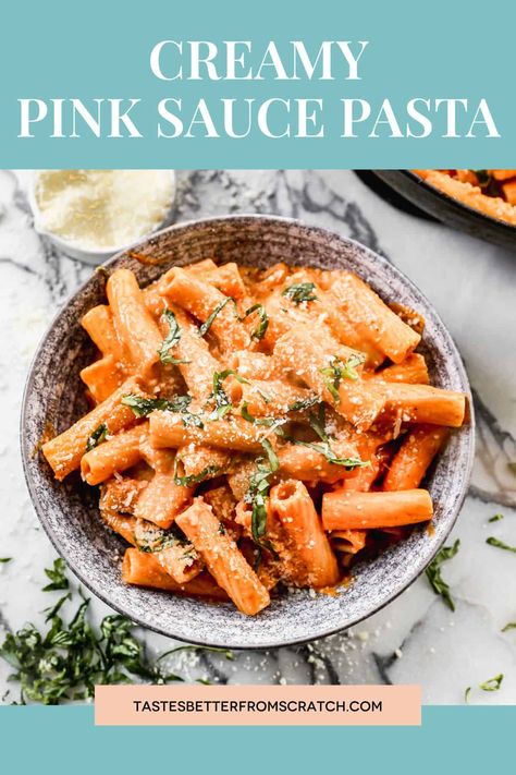 This easy Pink Sauce Pasta recipe is creamy, comforting, and full of flavor! It uses pantry ingredients and is perfect for a busy night! via @betrfromscratch Easy Pink Sauce, Pink Sauce Pasta Recipe, Rose Sauce Recipe, Spicy Pasta Sauce, Pink Sauce Pasta, Pink Sauce, Yummy Pasta, Tastes Better From Scratch, Creamy Pasta Recipes