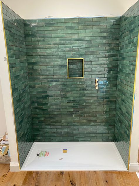 Green Zellige Tiles, Light Green Zellige Tile, Gloss Green Bathroom Tiles, Green Glossy Tiles Bathroom, Marazzi Lume Turquoise, Shower Room, Shower Tile, Alcove Bathtub, Shower