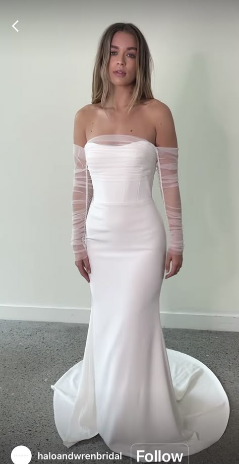 Unique Minimalist Wedding Dress, Strapless Wedding Dress With Sheer Sleeves, Plain Silk Wedding Dress Simple, Simple Wedding Dress With Removable Sleeves, Sleeves For Wedding Dress Attachable, Peaked Neckline Wedding Dress, Sheath Column Wedding Dress, Wedding Dresses Mesh Sleeves, Removable Lace Sleeves Wedding Dress