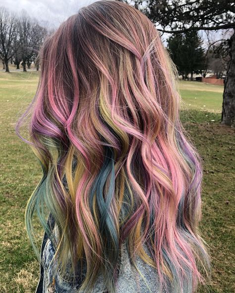 Balayage Hair Vivids, Vivid Color Balayage, Multi Color Balayage, Rainbow Balayage Hair, Lived In Vivid Hair, Vivid Balayage Hair, Colorful Balayage, Multicolor Highlights, Vivid Balayage