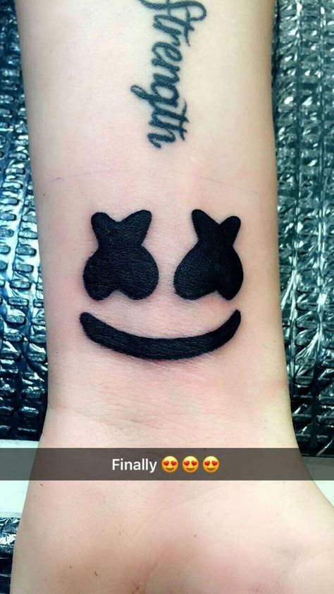 Marshmello Tattoo ♥ Marshmallow Tattoo Design, Emoji Tattoos For Men, Marshmello Tattoo, Boy Henna Designs, Marshmallow Tattoo, Boy Henna, Henna For Boys, Dj Tattoo, Emoji Tattoo