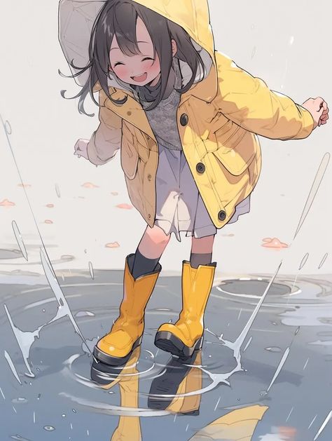 Rain Character Design, Rain Coat Drawing, Rain Boots Drawing, Raincoat Illustration, Holding Umbrella Reference, Raincoat Drawing, Dynamic Poses, Figure Drawing Reference, Cartoon Art Styles