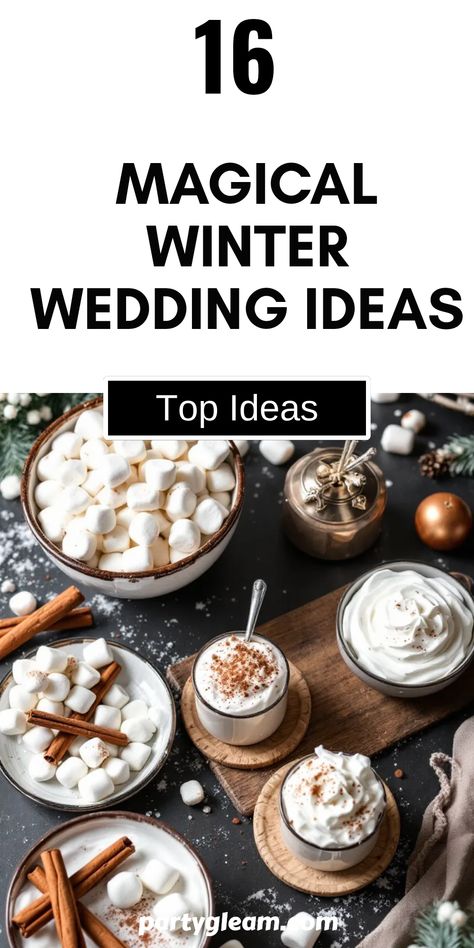 Planning a frost-filled winter wedding? Check out these 16 magical winter wedding ideas to create a cozy and unforgettable day. From charming hot cocoa bars filled with festive toppings to romantic décor with fairy lights and warm blankets, you'll find everything you need for a whimsical affair. Imagine walking down an aisle decorated with snowflakes and sipping delicious cocoa to warm the hearts of your guests. Discover tips for capturing the perfect wintery atmosphere so that your winter wonderland celebration sparkles with joy. Hot Chocolate Bar Ideas Wedding, Winter Wedding Menu Ideas Food, Wedding Cocoa Bar, Hot Chocolate Bar For Wedding, Wedding Hot Cocoa Bar, Winter Wonderland Party Food, Hot Chocolate Bar Wedding, Rustic Winter Wedding Ideas, Hot Cocoa Bar Wedding