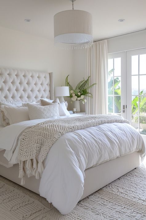 Bedding Inspiration Modern, Bedroom Corner Storage Ideas, Bed Covers White, Apartment Bedroom Inspo Aesthetic, Elegant Apartment Bedroom, Inviting Bedroom Ideas, White Aesthetic Room Bedrooms, Dream Guest Bedroom, Upscale Beach House Decor