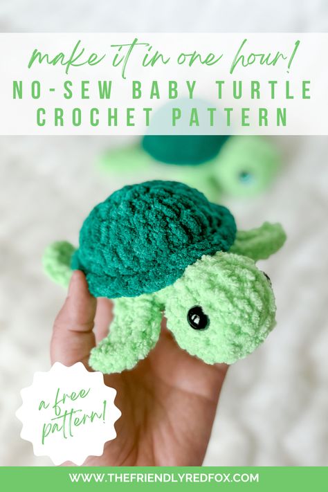 This crochet baby turtle pattern is no-sew, and you can make it in under an hour! Tiny and cute, this would be a perfect market make or a last minute gift idea! Crochet Turtle No Sew, Easiest Amigurumi Pattern Free, Small Crochet Projects Amigurumi, Stuff Animals Patterns Sewing Free, Crochet Turtle Plush, Crochet Animals Turtle, Fluffy Crochet Animals Free Pattern, Easy Starter Crochet Patterns, Super Easy Amigurumi