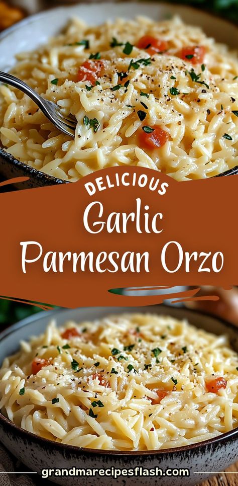 This creamy garlic Parmesan orzo is a rich and flavorful side dish that's perfect for any occasion! With buttery garlic, savory Parmesan, and a touch of cream, it's sure to be a family favorite. #GarlicOrzo #ParmesanOrzo #SideDish #CreamyPasta #EasyRecipes Garlic Parmesan Orzo, Creamy Orzo Recipes, Roasted Red Pepper Alfredo, Orzo Pasta Recipes, Parmesan Orzo, Creamy Orzo, Orzo Recipes, Orzo Pasta, Creamy Pasta