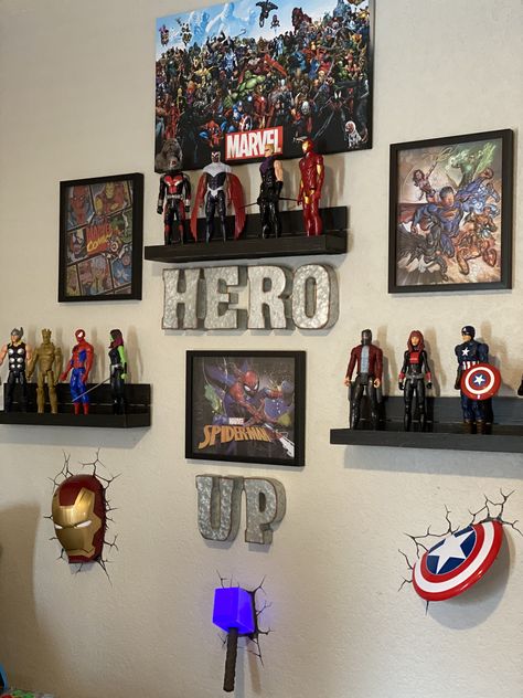 Boys Avengers Bedroom Ideas, Avengers Boy Room, Marvel Classroom, Marvel Bedroom Decor, Marvel Themed Room, Marvel Bedroom Ideas, Marvel Room Ideas, Blue White Room, Marvel Wall Decor