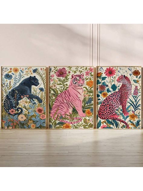 1 Pc Maximalist Wall Set, Modern Fashion Style Wall Art, Pink Tiger Wall Decor, Digital Wall Art, Colorful Poster, Trendy Poster ,Home Decor,No Frame Multicolor Modern   Fabric Animal,Plants Unframed Painting,Hanging Painting,Fabric painting   Home Decor, size features are:Bust: ,Length: ,Sleeve Length: Tiger Wall Decor, Dramatic Walls, Artistic Room, Maximalist Art, Tiger Wall Art, Pink Tiger, Maximalist Wall, Eclectic Aesthetic, Colorful Poster