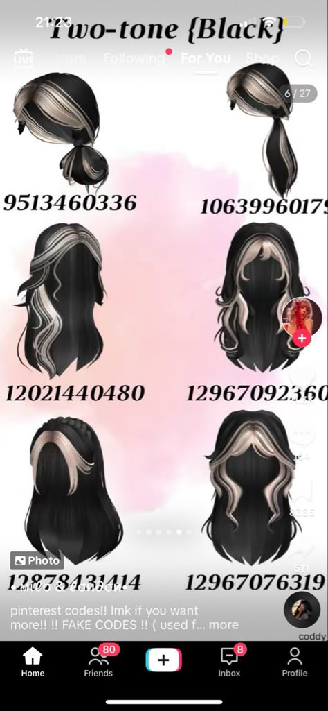 Roblox Black And White Hair Codes, Black And Blonde Hair Codes, Roblox Two Tone Hair Codes, Berry Ave Hair Codes, Berry Ave Hair, Roblox Hair Codes, Brown Hair Roblox, Pelo Cafe, Two Toned Hair