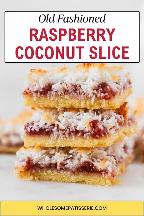 Raspberry Coconut Slice - Wholesome Patisserie Coconut Jam Drops, Coconut Jam, Jam Thumbprint Cookies, One Layer Cakes, Coconut Tart, Raspberry Bars, Crispy Egg, Coconut Slice, Strawberry Jam Recipe