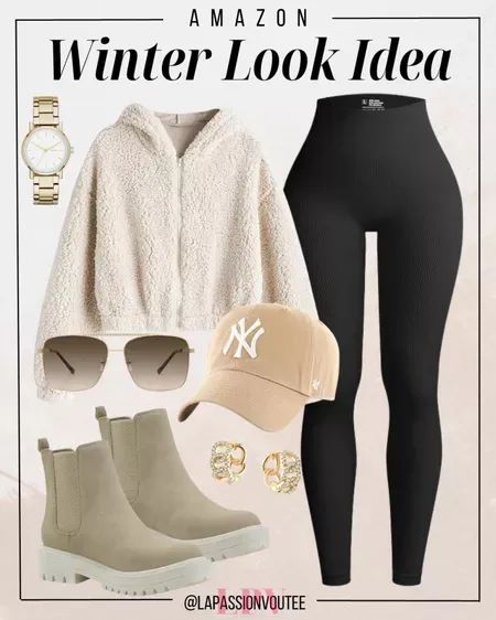 Snuggle up in Amazon's cozy winter vibes! Embrace warmth in a fleece jacket, paired with sleek leggings and stylish boots. Top it off with a cool cap, trendy sunglasses, a timeless watch, and a touch of elegance with eye-catching earrings. Your winter look just got a perfect blend of comfort and chic! Winter Casual Outfits | Amazon Winter Look Idea Fleece Leggings Outfit, Casual Outfits Amazon, Winter Casual Outfits, Beyonce Concert Outfit, Cozy Winter Vibes, Timeless Watch, Outfits Amazon, Leggings Outfit Winter, Newborn Family Photos