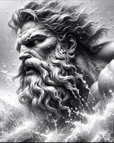 Greek God Poseidon Art, Poseidon Drawing, Angel Sculpture Art, Greek Mythology Statue, Greek God Tattoo, Poseidon Tattoo, Zeus Tattoo, Traditional Tattoo Designs, Statue Tattoo