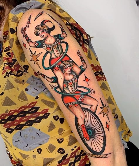 Carnival Tattoo, Circus Tattoo, Pin Up Girl Tattoo, Clown Tattoo, Taurus Tattoos, Traditional Tattoo Sleeve, Hand Poked Tattoo, Old School Tattoo Designs, Pin Up Tattoos