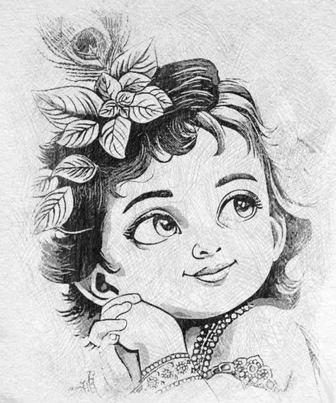 Shree Krishna Mandala Art, Sree Krishna Drawing, Cute Krishna Sketch, Cute Krishna Drawing Easy, Krishna Images Drawing, Little Krishna Sketch, Krishna Drawing Sketch, Cute Little Krishna Drawing, Cute Krishna Drawing