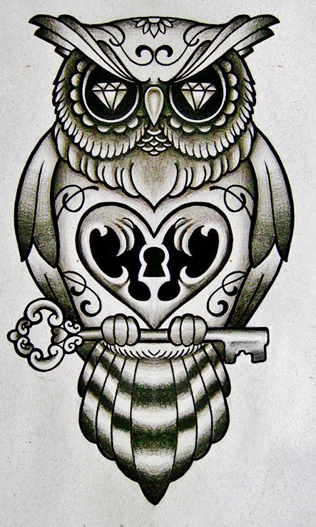 Owl. Traditional Owl Tattoos, Owl Tat, Key Tattoo Designs, Owl Tattoo Drawings, Cute Owl Tattoo, Key Tattoo, Owl Tattoo Design, 4 Tattoo, Tattoo Designs And Meanings