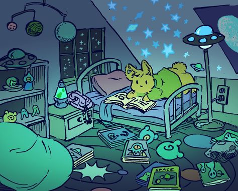 Reading Decor, Books Room, Random Painting, Reading Cartoon, Space Bunnies, Bedroom Illustration, Daily Bunny, Isometric Art, Alien Art