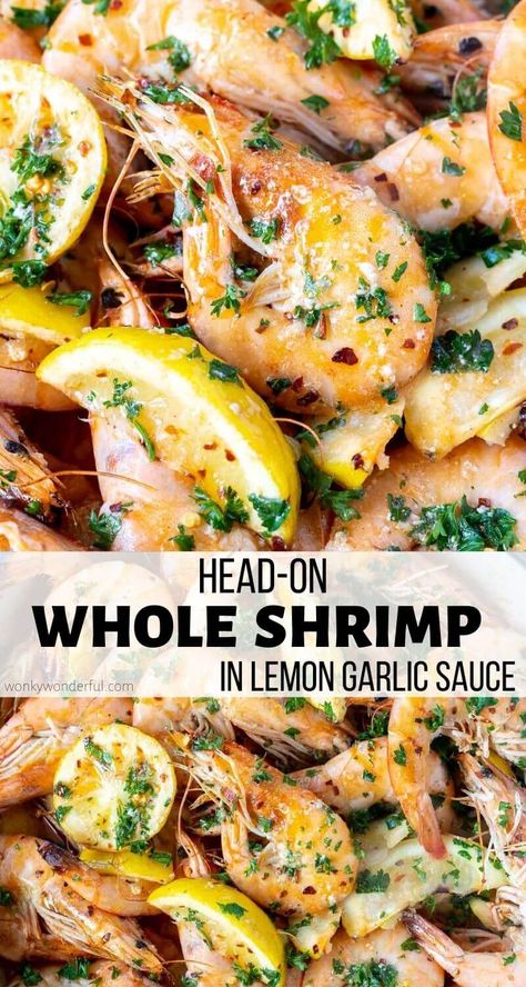 Cooking whole shrimp is quick and easy. This Head On Shrimp Recipe keeps the flavors and process simple and approachable. Whole peel and eat shrimp swimming in a buttery garlic sauce. #shrimprecipes #dinnerrecipes #wholeshrimp #peelandeatshrimp Grilled Whole Shrimp, Heads On Shrimp Recipes, Shrimp Prawn Recipes, Shrimp Cooking Time, Grilled Head On Shrimp Recipes, Shrimp In Shell Recipes, Head On Shrimp Recipes Simple, Head On Prawn Recipes, Unpeeled Shrimp Recipes